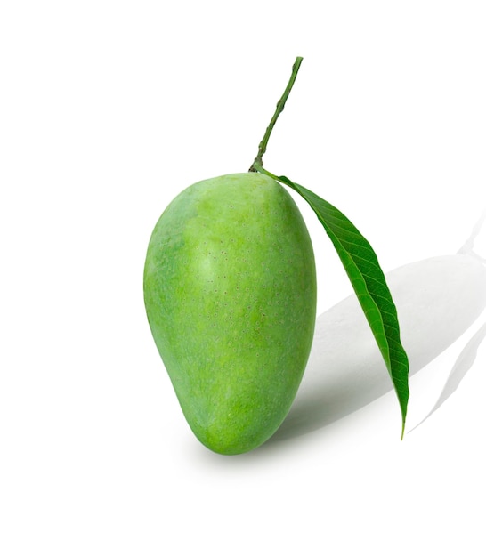 Świeże zielone mango i liście na białym tle