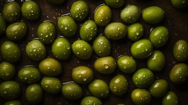 Zdjęcie Świeże zielone oliwki z wodnymi bryzgami i kroplami na czarnym tle