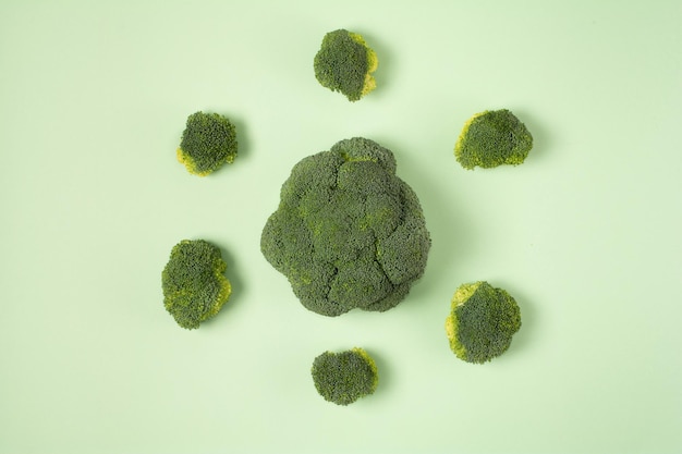 Świeże zielone warzywo brokułów na jasnozielonej głowie kapusty Sunny Brokuły na kolorowym tle