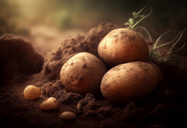 Świeże ziemniaki leżą na gruntach rolnych. Wygenerowano AI
