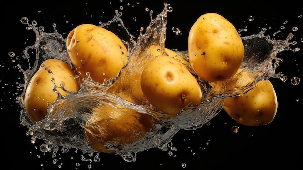 Świeże ziemniaki spryskane wodą na czarnym i niewyraźnym tle