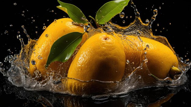 Świeże żółte mango spryskane wodą na czarnym i niewyraźnym tle
