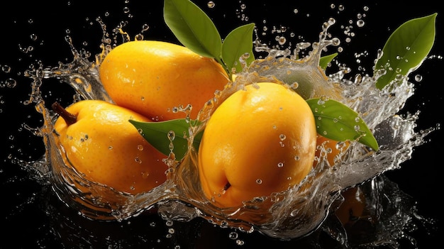 Świeże żółte mango spryskane wodą na czarnym i niewyraźnym tle