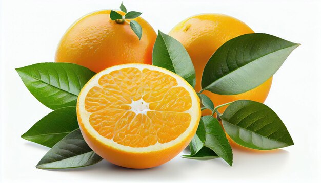 Świeże żółte pomarańcze z zielonymi liśćmi wyizolowanymi na białym tle dzięki technologii Generative AI