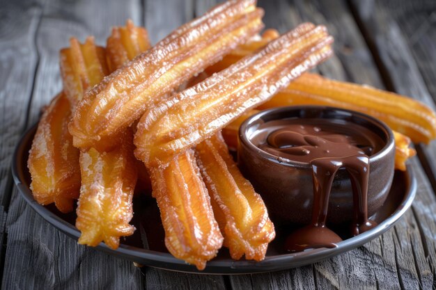 Zdjęcie Świeże zrobione złote churros z powłoką cukru podawane na talerzu z sosem czekoladowym na rustic