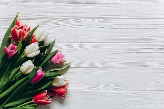 Świezi tulipany na białym drewnianym tle. Dzień matki koncepcja, widok z góry.