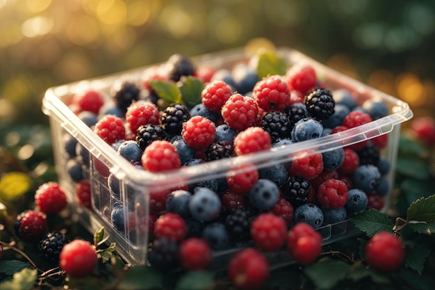 Świeżo mrożone jagody leśne zbliżenie w plastikowym pojemniku są generatywne