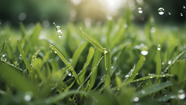Świeżo nawadniany trawnik na podwórku z błyszczącymi kropelkami wody na każdym liście trawy