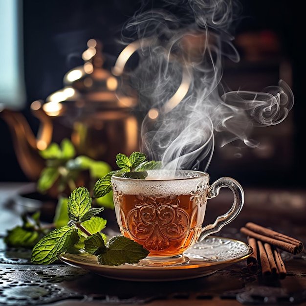 Świeżo parzona filiżanka herbaty na czczo z smugami pary unoszącymi się z powierzchni i gałązką świeżej