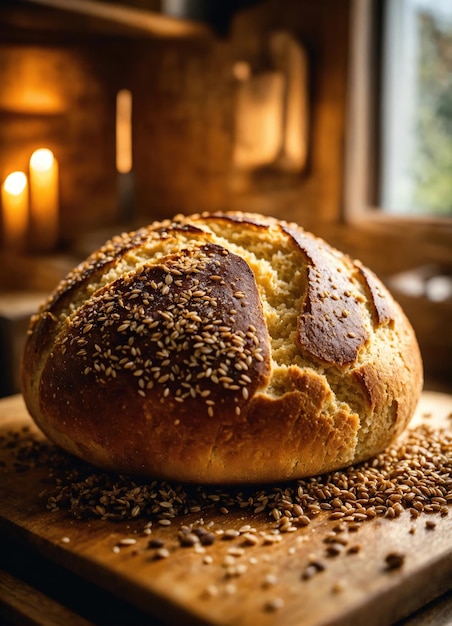 Świeżo pieczony chleb z nasionami sezamu na drewnianej desce ai generative