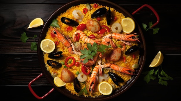 Świeżo przygotowana paella z góry widok na ciemnym tle danie z owocami morza Koncepcja narodowej kuchni hiszpańskiej