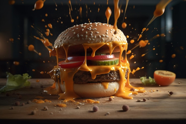 Świeżo przygotowany hamburger z serowymi warzywami mięsnymi i dodatkiem fast foodowego posiłku na wynos