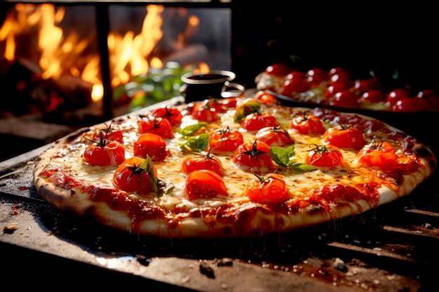 Zdjęcie Świeżo ugotowana włoska pizza z pomidorami mozzarelli i bazylią na ogniu