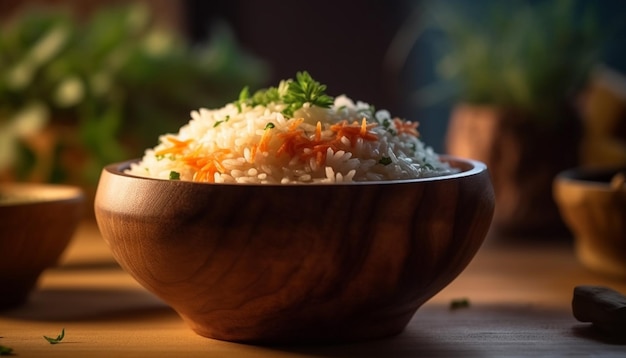 Świeżo ugotowany ryż basmati w wykwintnej misce obiadowej z bliska świeżości generowanej przez AI