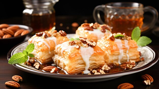 Świeżo upieczona baklava, słodki turecki deser podawany na talerzu
