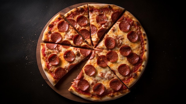 Zdjęcie Świeżo upieczona pizza pepperoni w tle widok z góry gorącej pizzy z salami generative ai