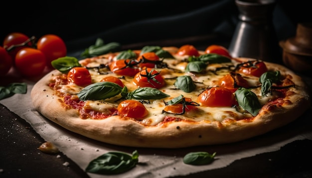 Świeżo upieczona pizza z mozzarellą i prosciutto wygenerowana przez AI