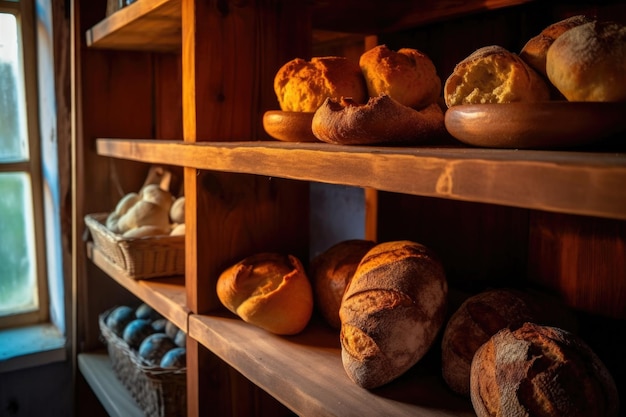 Świeżo upieczone bochenki chleba rzemieślniczego na drewnianych półkach utworzone za pomocą generatywnej sztucznej inteligencji