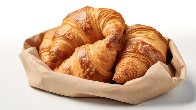 Świeżo upieczone croissanty w wiejskiej papierowej torbie umieszczonej na czystym białym tle