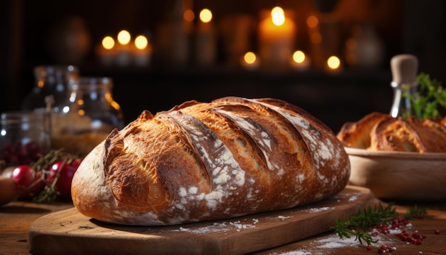 Świeżo upieczony apetyczny biały chleb leży na kuchennym stole wygenerowanym przez sztuczną inteligencję