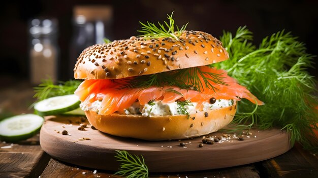 Zdjęcie Świeżo upieczony bagel wypełniony wędzonym łososiem i serem kremowym na drewnianej desce i stole zdrowe śniadanie