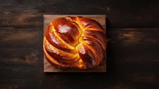 Świeżo upieczony chleb brioche Fotorealistyczne poziome tło Chrupiące ciasto Wyśmienita piekarnia AI Wygenerowane tło z aromatycznym tradycyjnym chlebem brioche na drewnianym blacie z miejscem na kopię