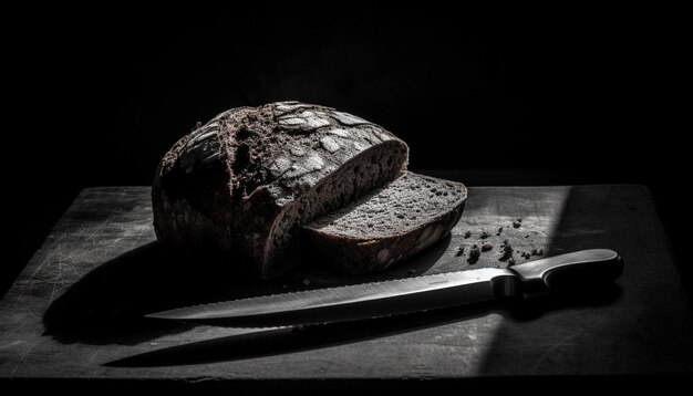 Świeżo upieczony chleb krojony rustykalnym nożem wygenerowany przez sztuczną inteligencję