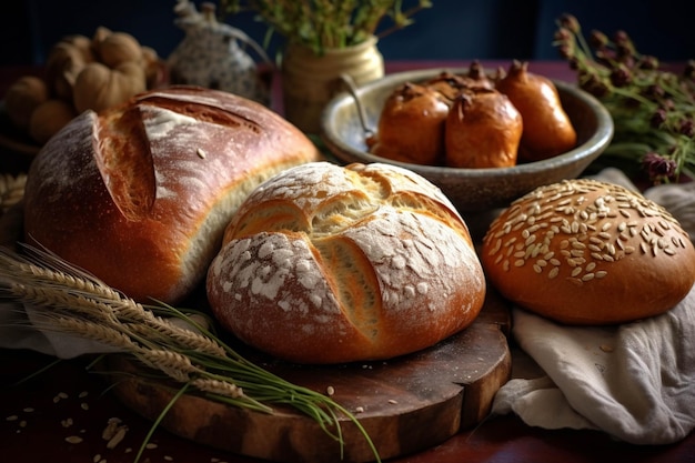 Zdjęcie Świeżo upieczony chleb na stole w stylu rustykalnym