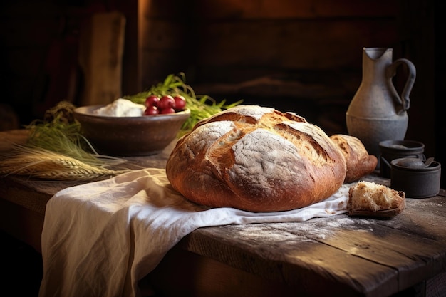 Świeżo upieczony chleb na zakwasie na rustykalnym drewnianym stole