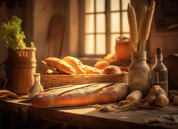 Świeżo upieczony chleb z kłosami pszenicy na drewnianym stole