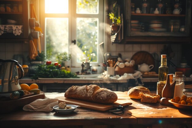 Świeżo upieczony chleb z zakwasem i ciastka na wiejskim blacie kuchennym