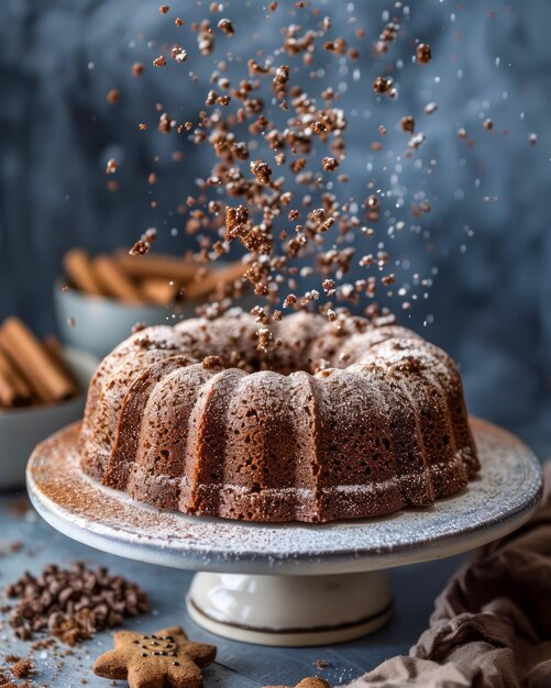 Świeżo upieczony ciasto Bundt z cukrem na stojaku z niebieskim tłem