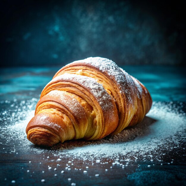 Świeżo upieczony croissant z ciemno niebieskim tłem Croissant chleb z bliska Croissant z masłem