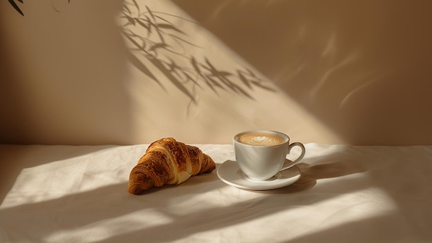 Świeżo upieczony croissant z filiżanką kawy na beżowej ścianie