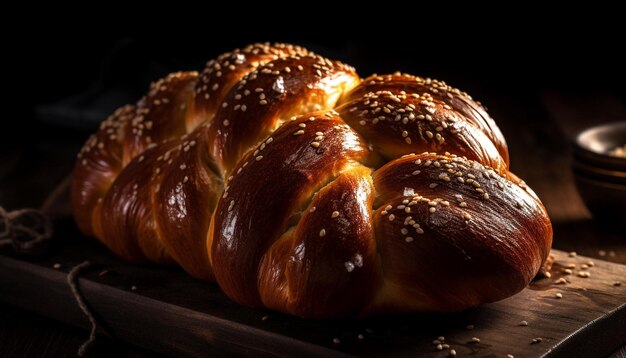 Świeżo upieczony wiejski chleb posypany sezamem wygenerowany przez AI