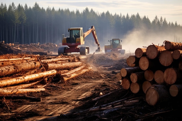 Zdjęcie Świeżo wycięte drewno jest układane w lesie zbieranie drewna w przemyśle drzewnym