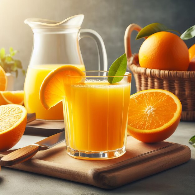 Świeżo wyciśnięty sok pomarańczowy w szklance na wiejskim drewnianym stole z naciętymi pomarańczymi smaczny i zdrowy