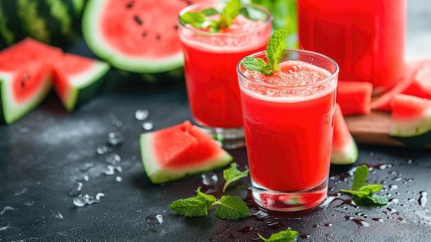 Świeżo wyciśnięty sok z arbuza na stole w szklankach Przygotowanie koktajlu lub napoju bezalkoholowego Zdrowe odżywianie i frutarianizm