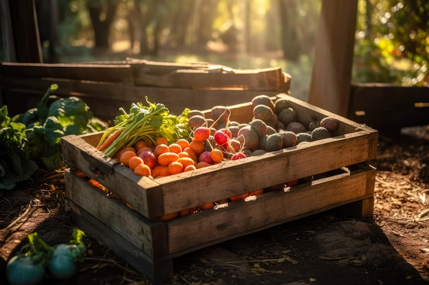 Świeżo wyhodowana przez naturę skrzynia pełna świeżych warzyw z farmy ai generative