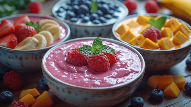 Zdjęcie Świeżo wykonane miski z owocami i warzywami symbolizujące czyste jedzenie, stały kolor tła 4k ultra hd