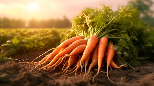 Świeżo zebrane marchewki na glebie w polu gospodarstwa rolnego i koncepcja hodowli warzyw Generative AI