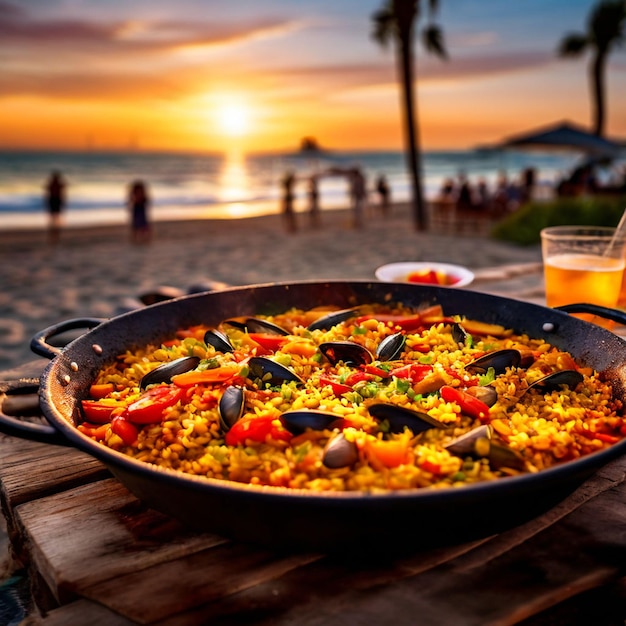 Świeżo zrobiona paella na tle imprezy w niewyraźny wieczór na plaży
