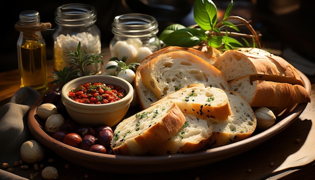 Zdjęcie Świeżość i chleb gurmański zbliżenie zdrowego posiłku generowanego przez sztuczną inteligencję