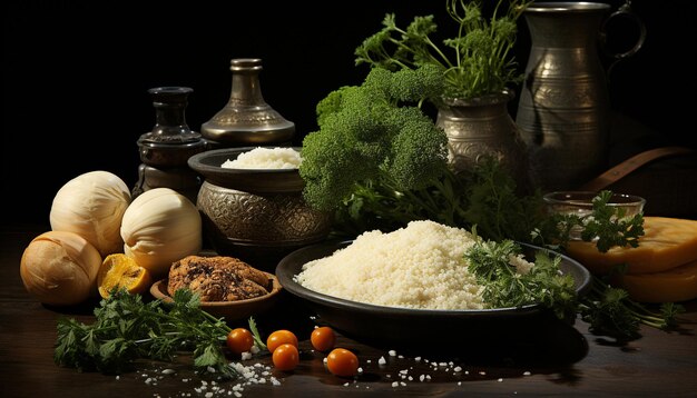 Zdjęcie Świeżość i zdrowe odżywianie na rustykalnym drewnianym stole wegetariański posiłek generowany przez sztuczną inteligencję