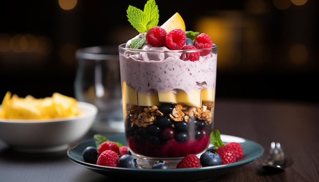 Świeżość jagód, jogurt, granola, zdrowa letnia przekąska dla gurmanów, stworzona przez sztuczną inteligencję.