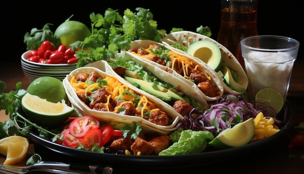 Świeżość na talerzu grillowanego mięsa taco guacamole i kolendry generowana przez sztuczną inteligencję