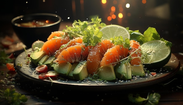 Świeżość na talerzu sałatka z owoców morza sashimi awokado z grilla zdrowe odżywianie generowane przez sztuczną inteligencję