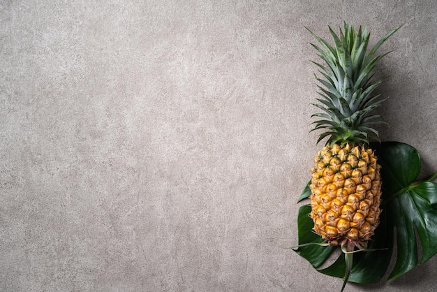 Świeży ananas z tropikalnymi liśćmi na szarym tle