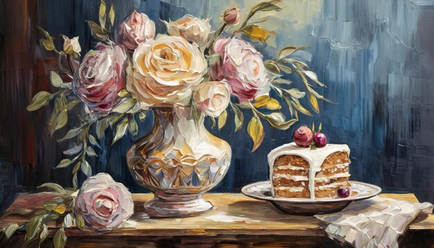 Świeży bukiet kolorowych kwiatów w wazonie i kawałek ciasta na stole