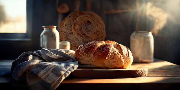 Świeży chleb na kuchennym stole przed oknem z panoramą wsi zdrowe odżywianie gen